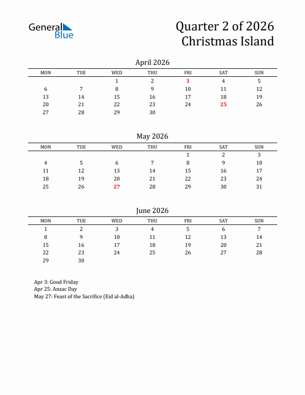 Quarter 2 2026 Christmas Island Quarterly Calendar