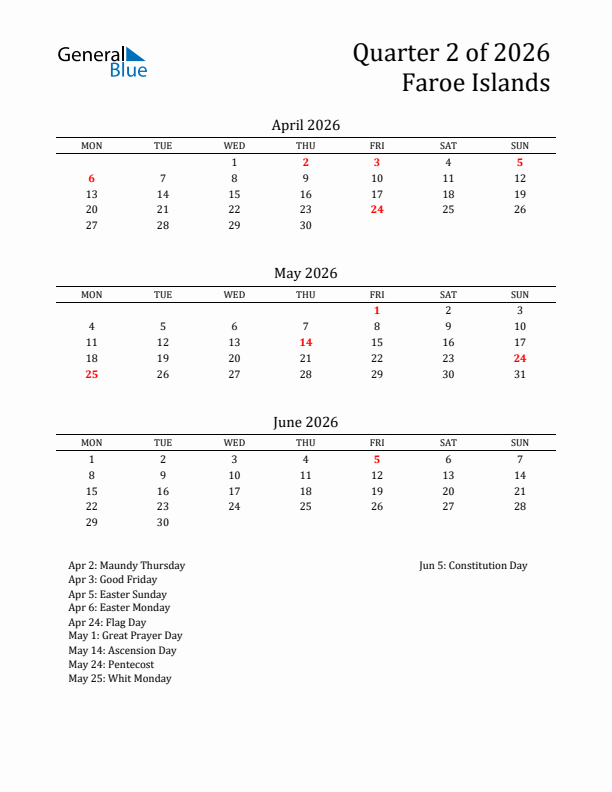 Quarter 2 2026 Faroe Islands Quarterly Calendar