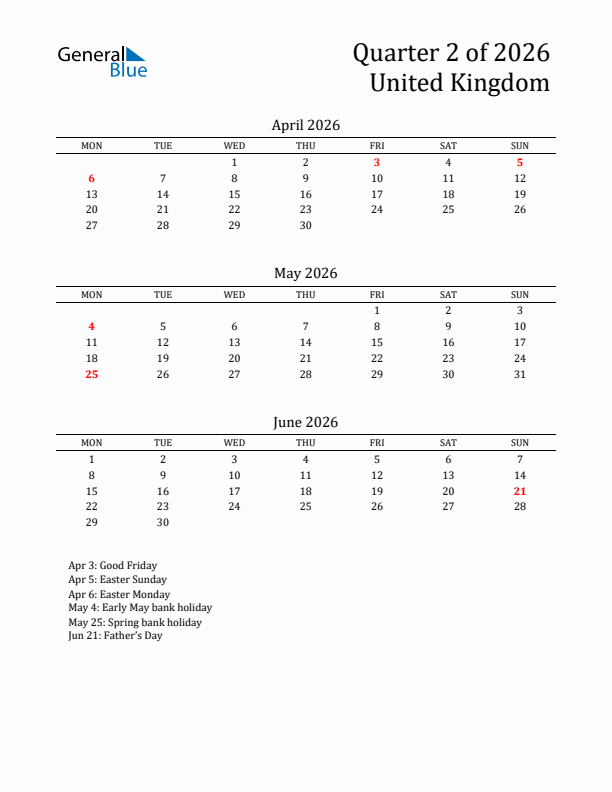 Quarter 2 2026 United Kingdom Quarterly Calendar