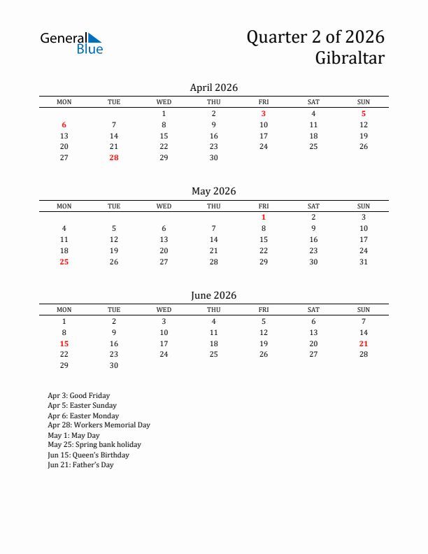 Quarter 2 2026 Gibraltar Quarterly Calendar