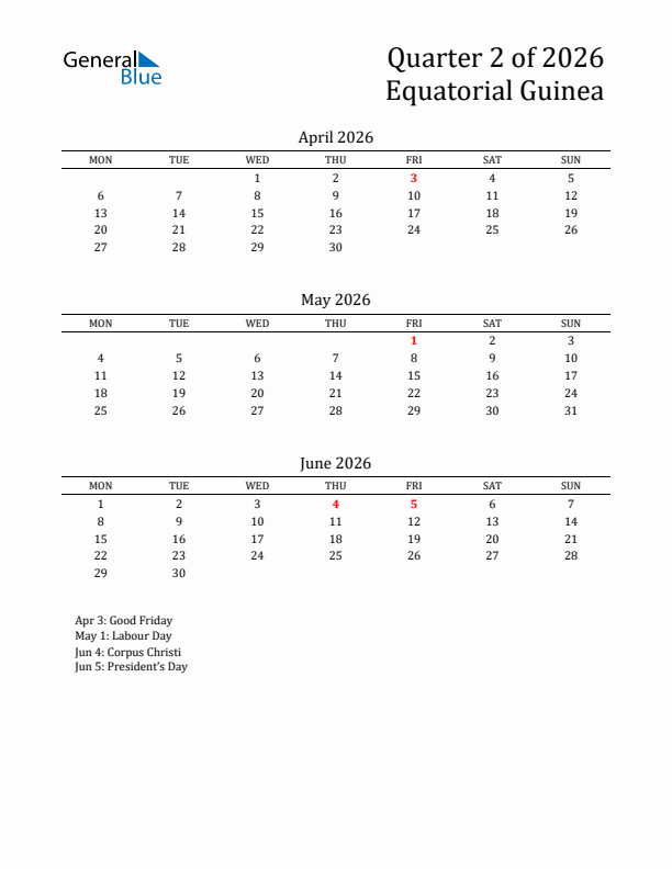 Quarter 2 2026 Equatorial Guinea Quarterly Calendar