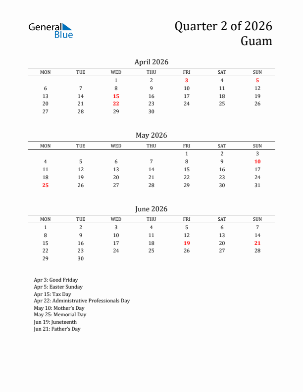 Quarter 2 2026 Guam Quarterly Calendar