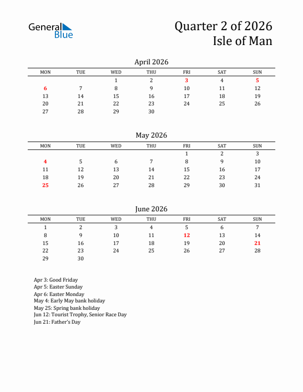 Quarter 2 2026 Isle of Man Quarterly Calendar