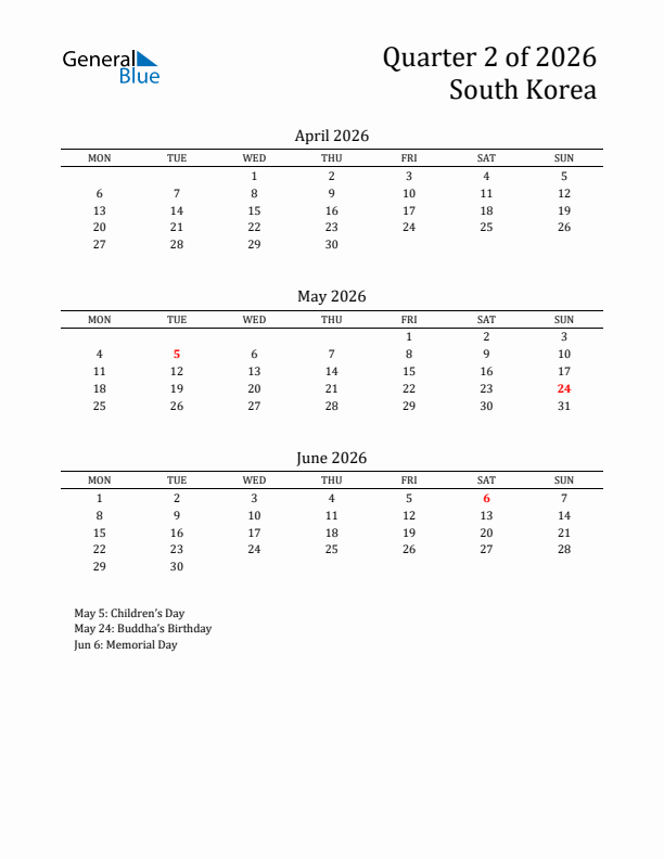 Quarter 2 2026 South Korea Quarterly Calendar