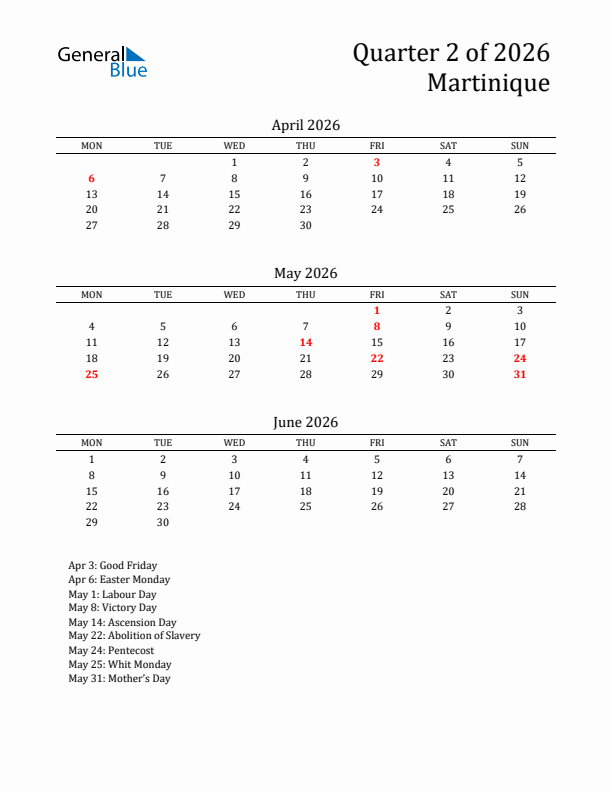 Quarter 2 2026 Martinique Quarterly Calendar