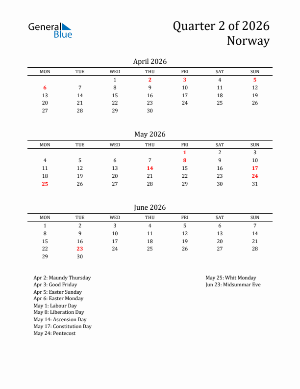 Quarter 2 2026 Norway Quarterly Calendar