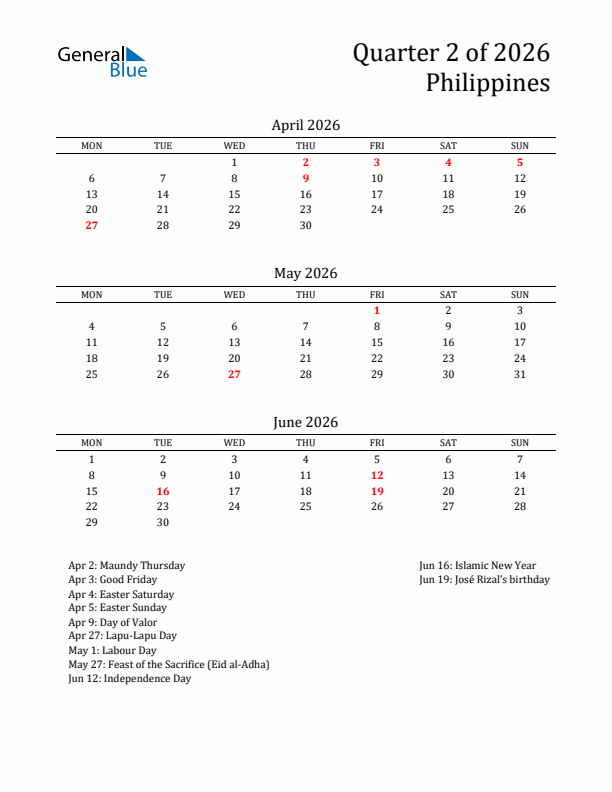 Quarter 2 2026 Philippines Quarterly Calendar