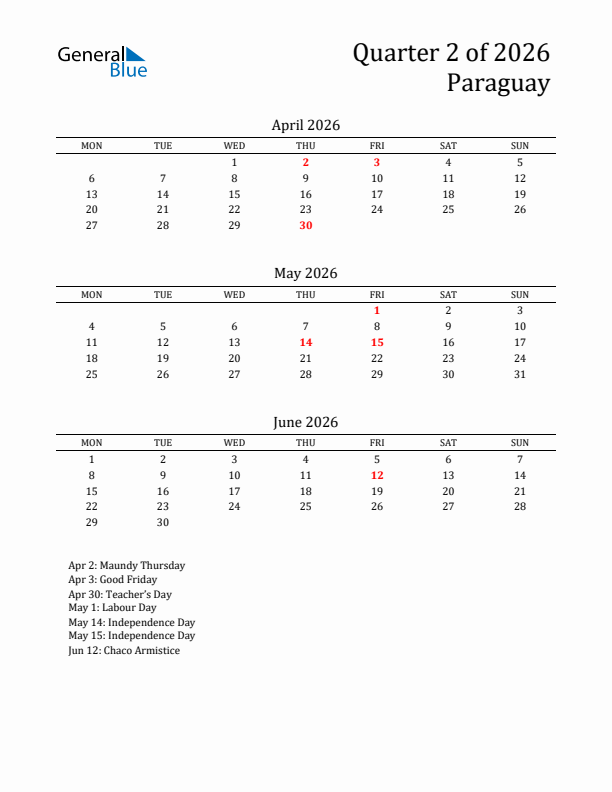 Quarter 2 2026 Paraguay Quarterly Calendar