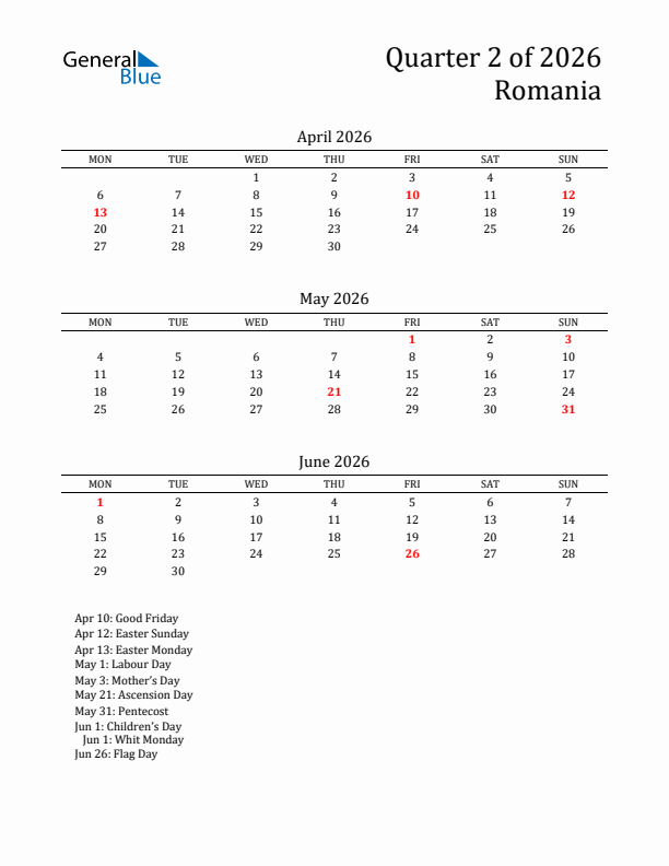 Quarter 2 2026 Romania Quarterly Calendar