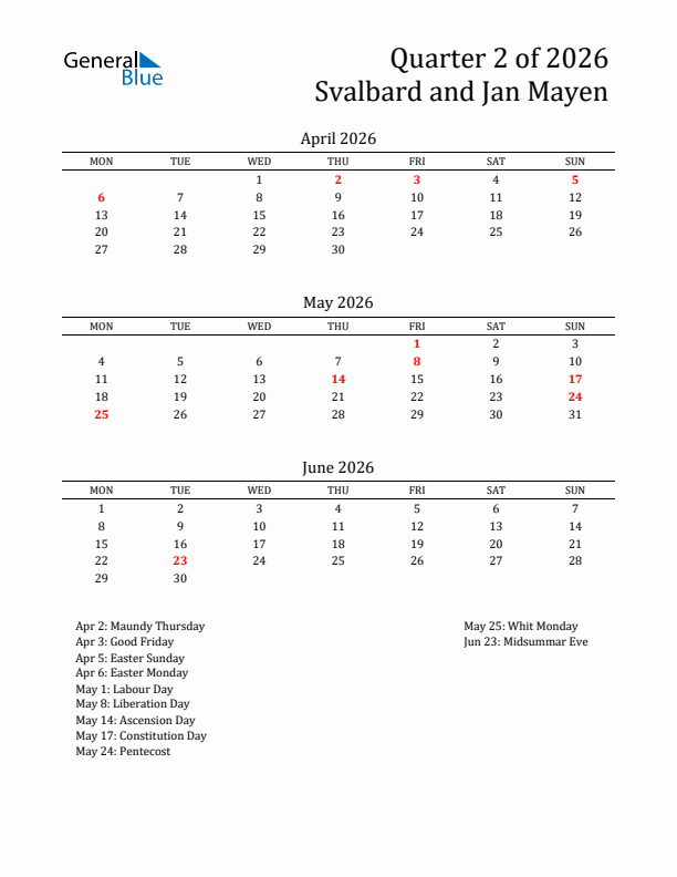 Quarter 2 2026 Svalbard and Jan Mayen Quarterly Calendar