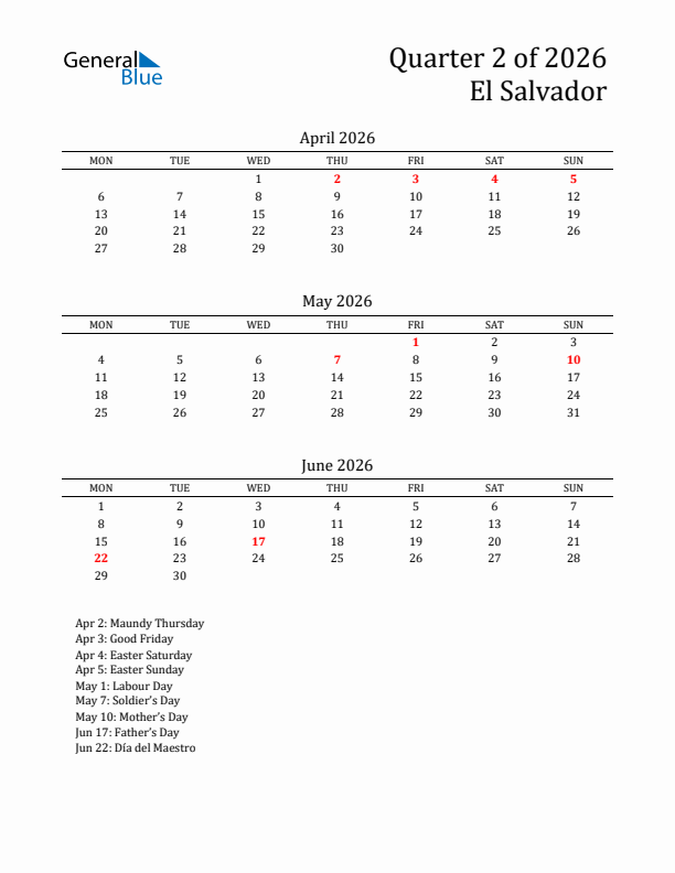 Quarter 2 2026 El Salvador Quarterly Calendar