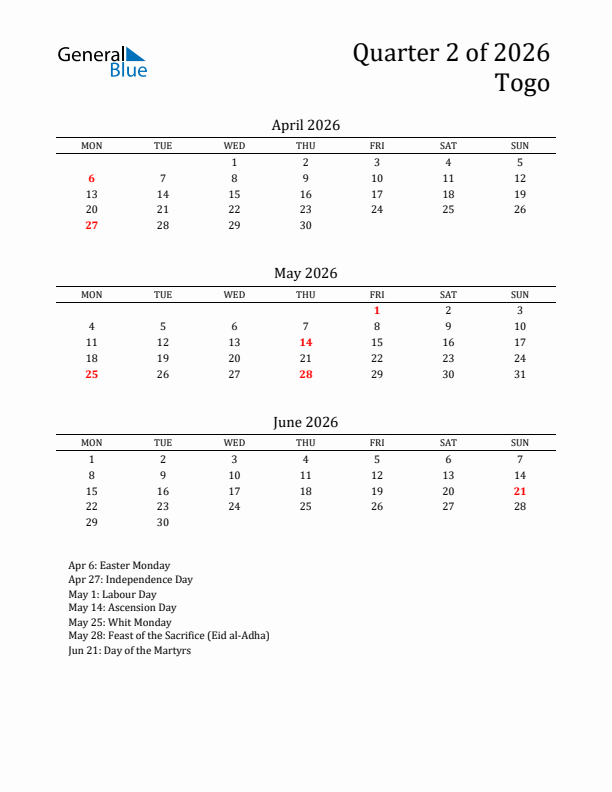 Quarter 2 2026 Togo Quarterly Calendar