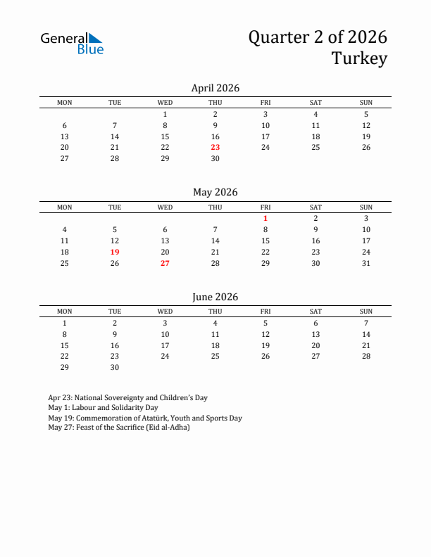 Quarter 2 2026 Turkey Quarterly Calendar