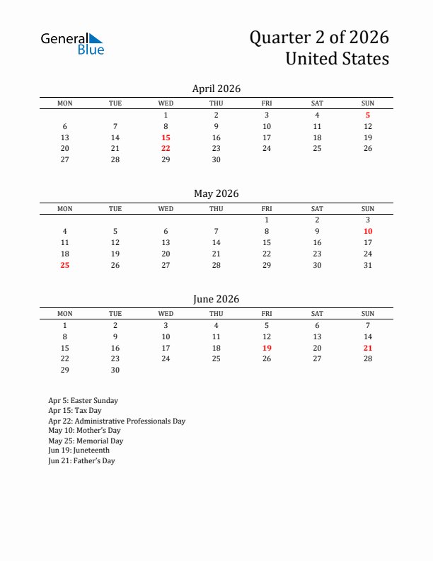 Quarter 2 2026 United States Quarterly Calendar