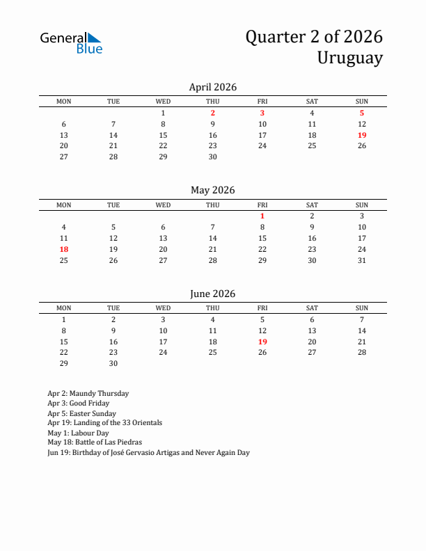 Quarter 2 2026 Uruguay Quarterly Calendar