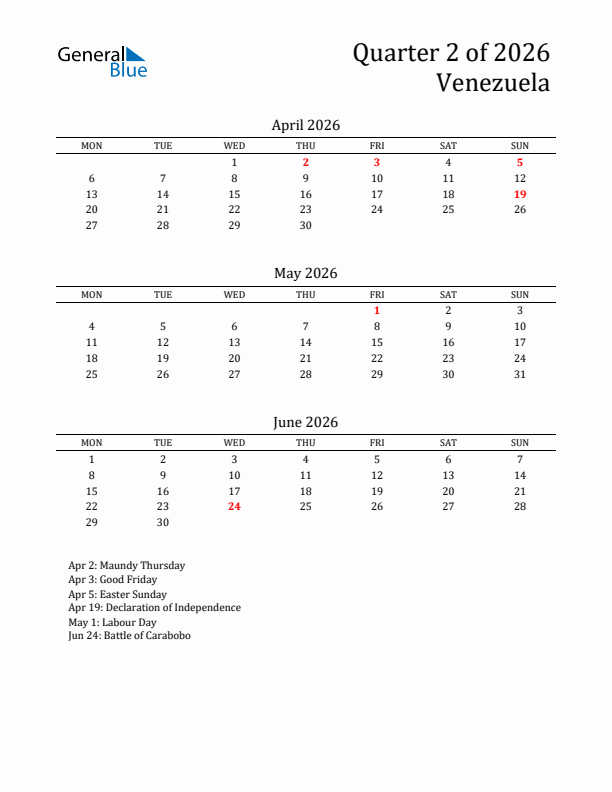 Quarter 2 2026 Venezuela Quarterly Calendar