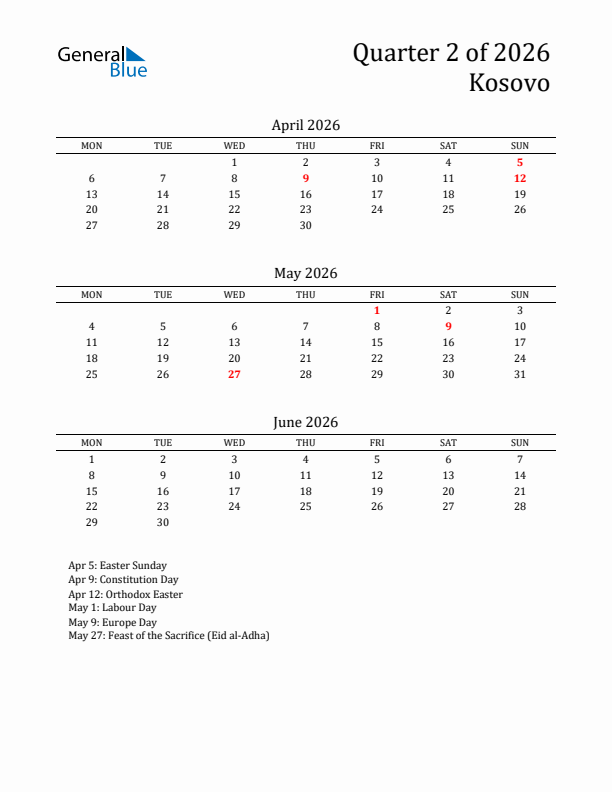 Quarter 2 2026 Kosovo Quarterly Calendar