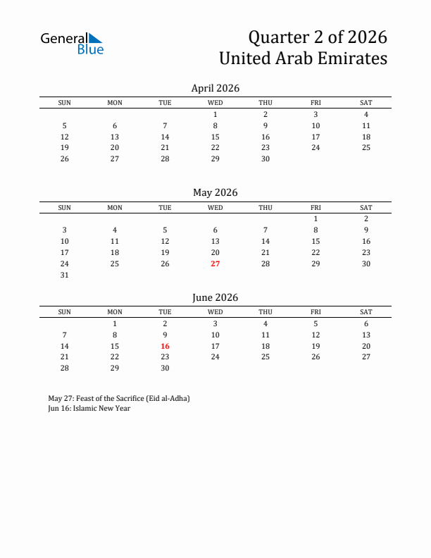 Quarter 2 2026 United Arab Emirates Quarterly Calendar