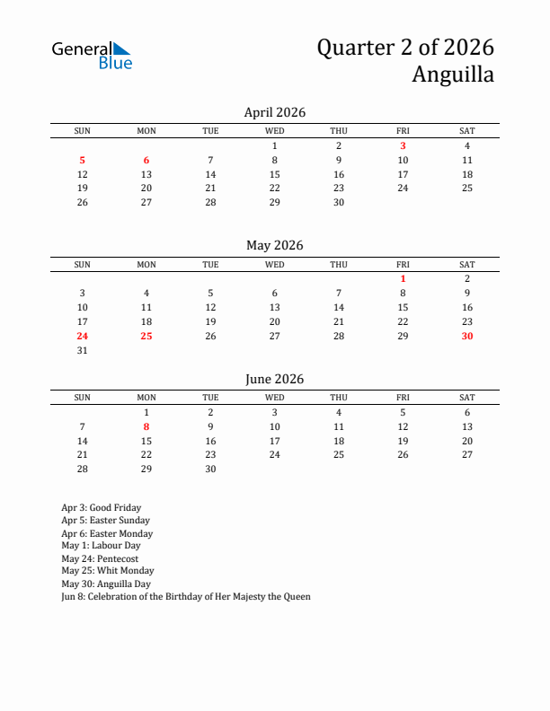 Quarter 2 2026 Anguilla Quarterly Calendar