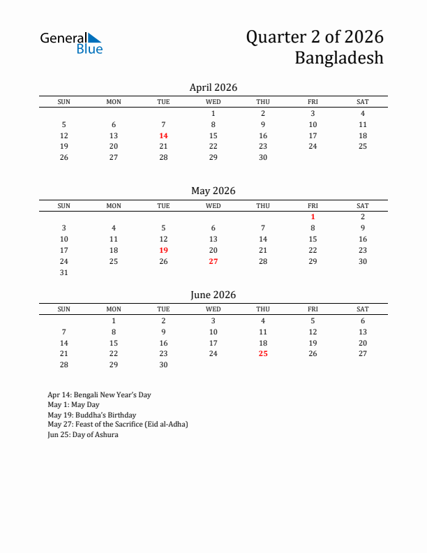 Quarter 2 2026 Bangladesh Quarterly Calendar