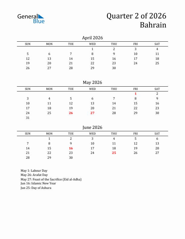 Quarter 2 2026 Bahrain Quarterly Calendar