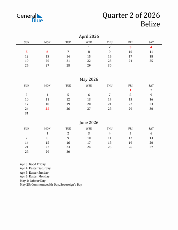 Quarter 2 2026 Belize Quarterly Calendar