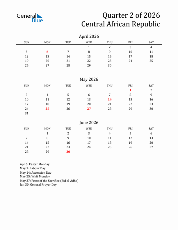 Quarter 2 2026 Central African Republic Quarterly Calendar