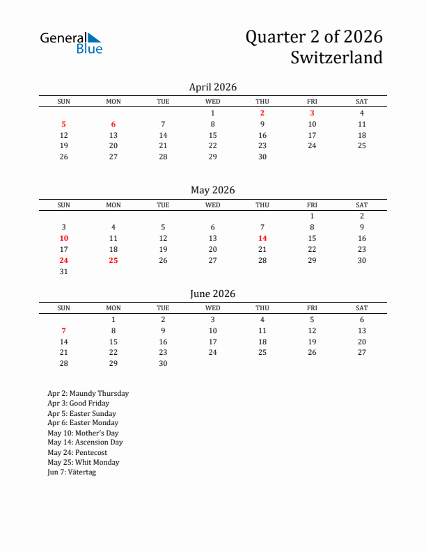 Quarter 2 2026 Switzerland Quarterly Calendar