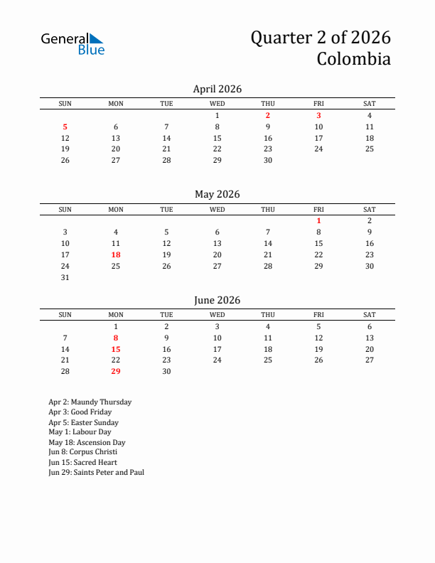 Quarter 2 2026 Colombia Quarterly Calendar