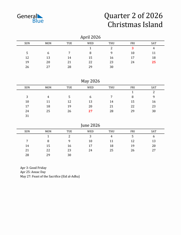 Quarter 2 2026 Christmas Island Quarterly Calendar