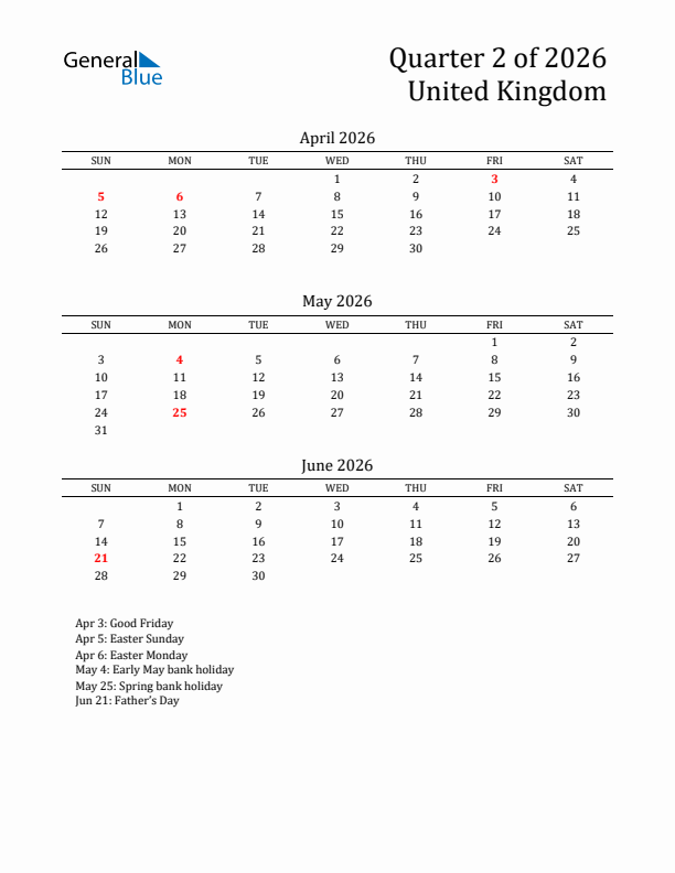 Quarter 2 2026 United Kingdom Quarterly Calendar