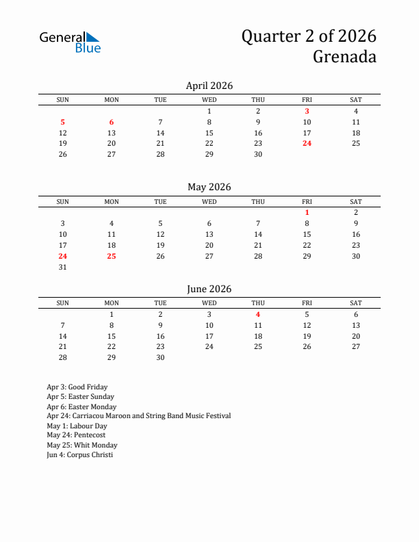 Quarter 2 2026 Grenada Quarterly Calendar