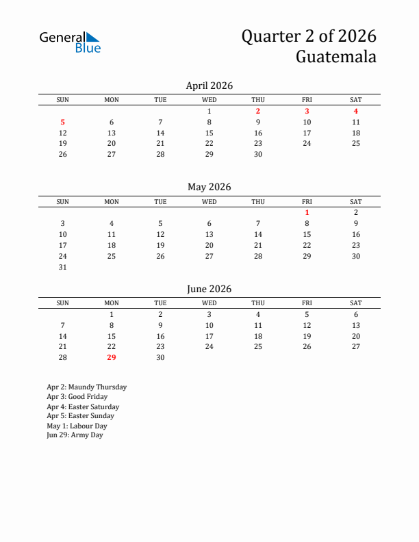 Quarter 2 2026 Guatemala Quarterly Calendar