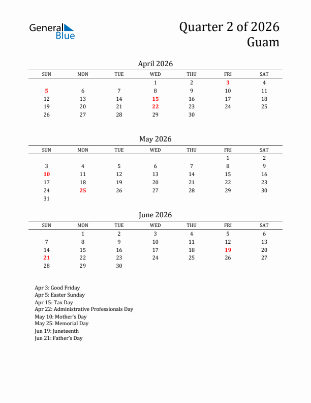 Quarter 2 2026 Guam Quarterly Calendar