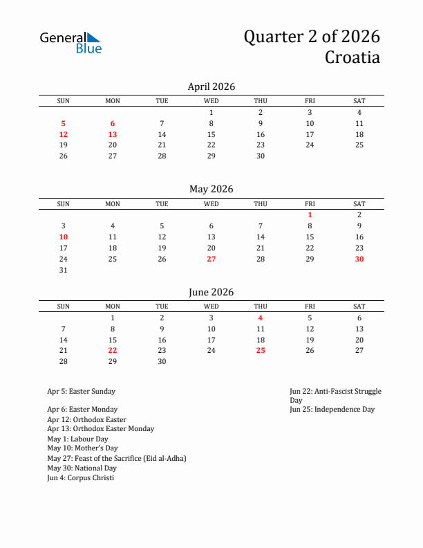 Quarter 2 2026 Croatia Quarterly Calendar