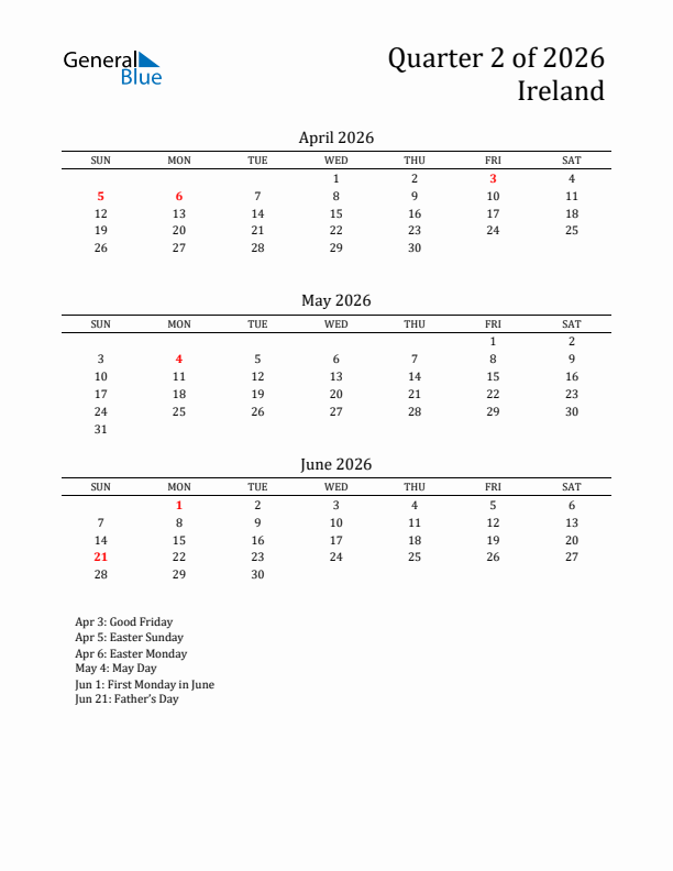 Quarter 2 2026 Ireland Quarterly Calendar