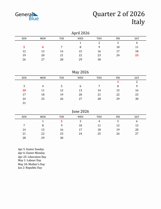 Quarter 2 2026 Italy Quarterly Calendar