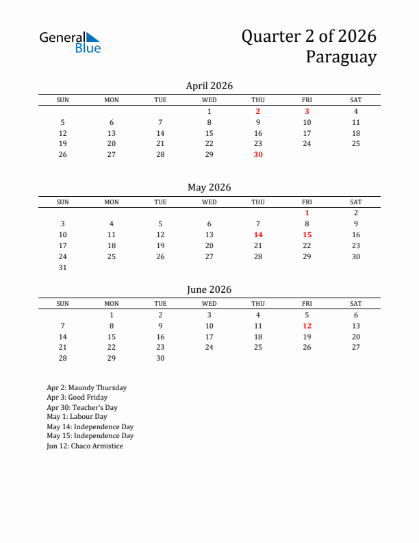 Quarter 2 2026 Paraguay Quarterly Calendar