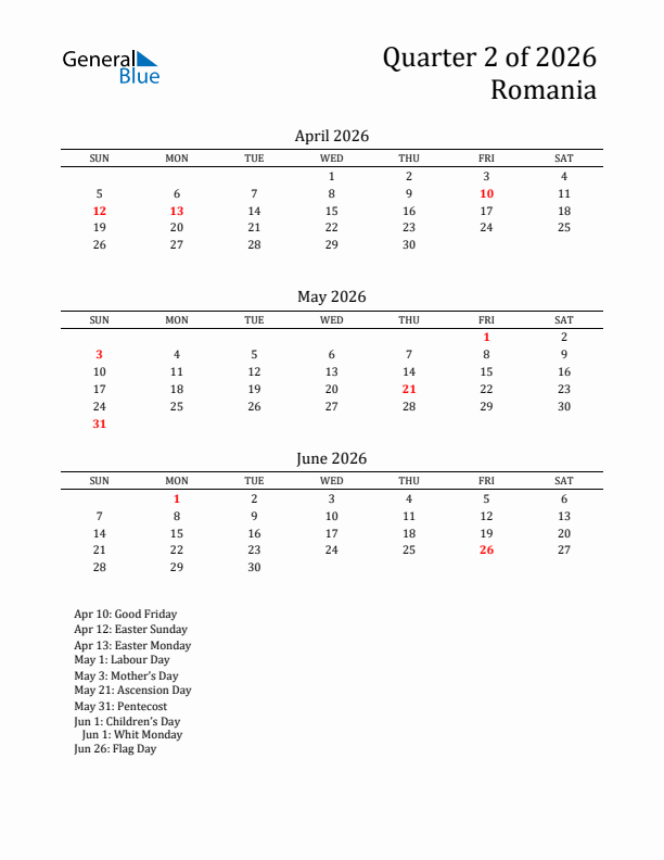 Quarter 2 2026 Romania Quarterly Calendar