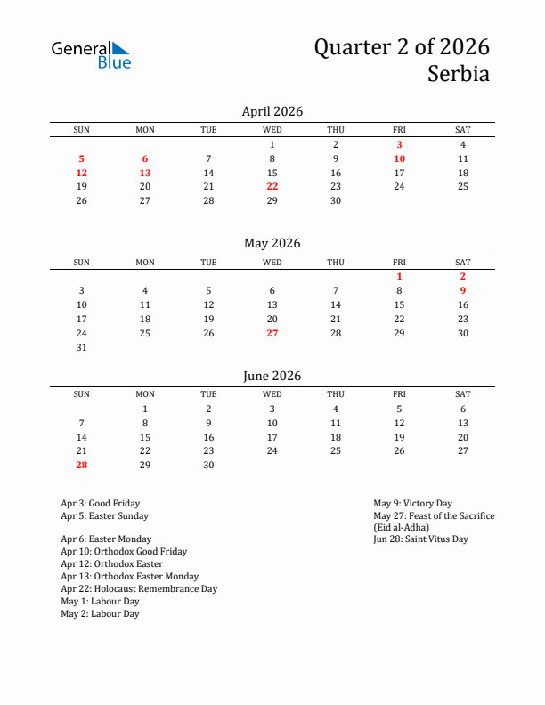 Quarter 2 2026 Serbia Quarterly Calendar