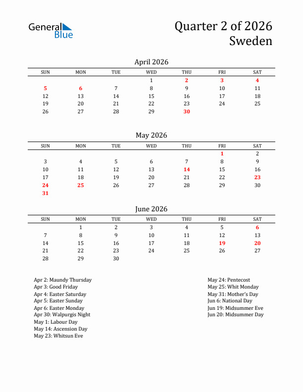 Quarter 2 2026 Sweden Quarterly Calendar