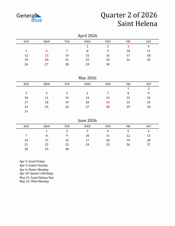 Quarter 2 2026 Saint Helena Quarterly Calendar