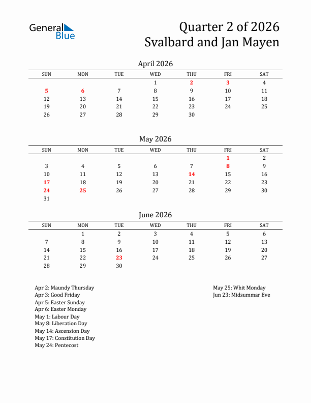 Quarter 2 2026 Svalbard and Jan Mayen Quarterly Calendar