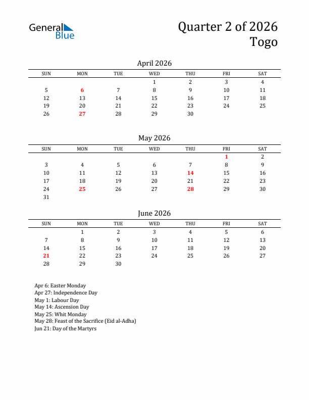 Quarter 2 2026 Togo Quarterly Calendar