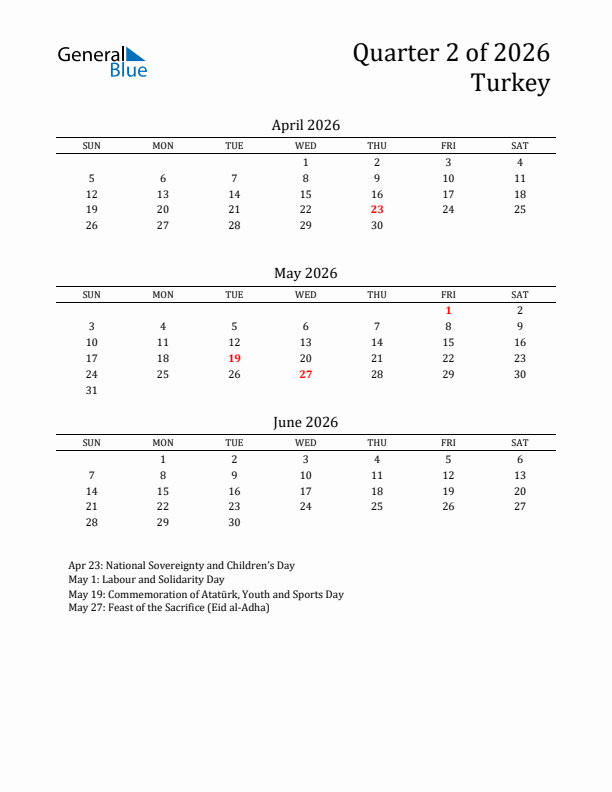 Quarter 2 2026 Turkey Quarterly Calendar