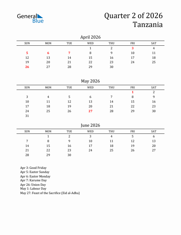 Quarter 2 2026 Tanzania Quarterly Calendar