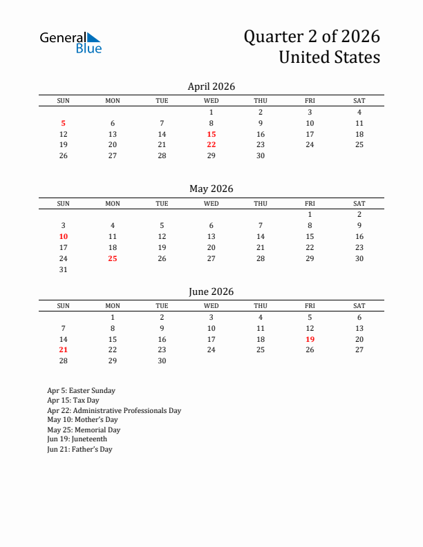 Quarter 2 2026 United States Quarterly Calendar