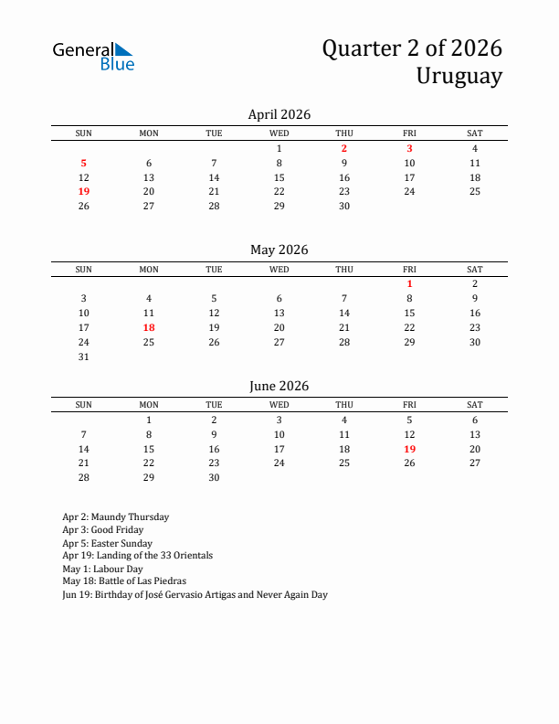 Quarter 2 2026 Uruguay Quarterly Calendar