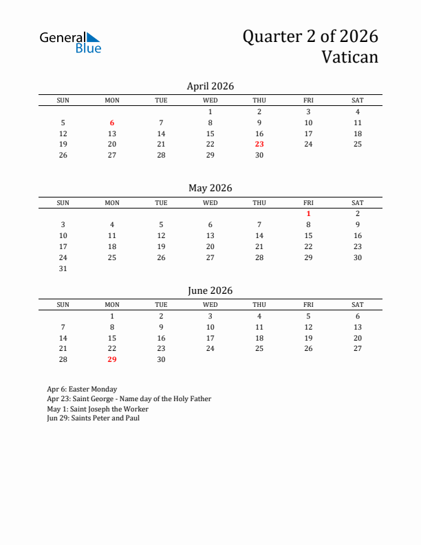 Quarter 2 2026 Vatican Quarterly Calendar