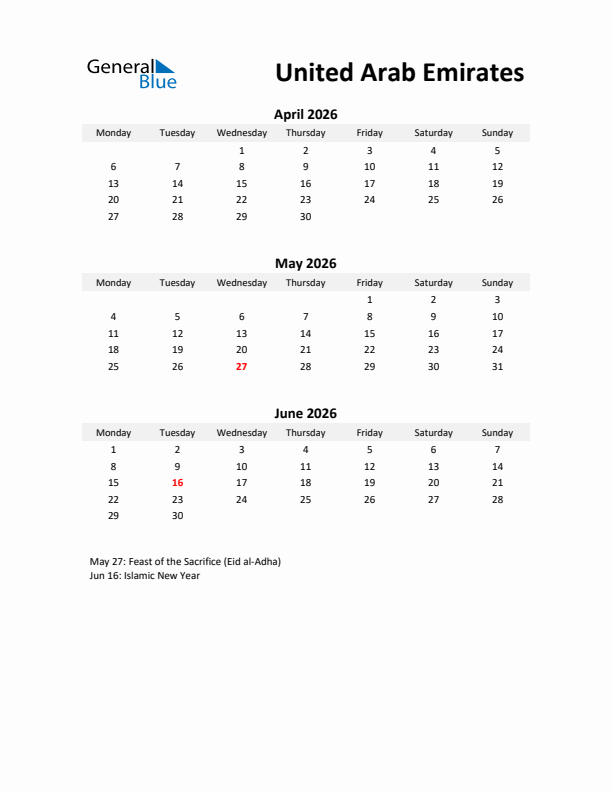 Printable Quarterly Calendar with Notes and United Arab Emirates Holidays- Q2 of 2026